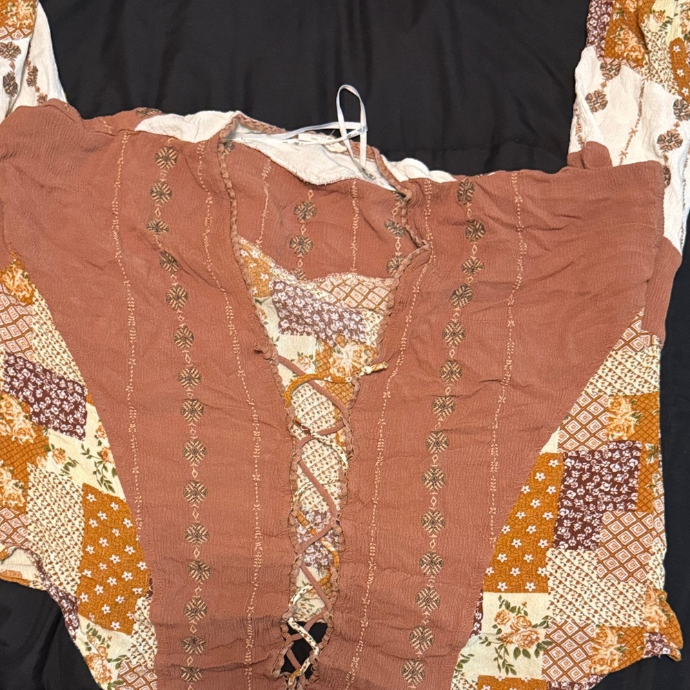 Bohemian Patchwork Lace-Up Top